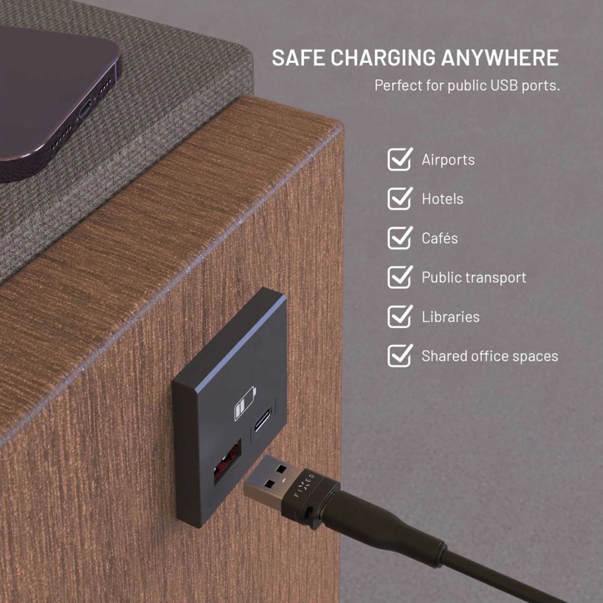 USB datablokke 2-pak USB-A/USB-C beskytter data ved opladning i lufthavne, hoteller, trafik og offentlige rum.