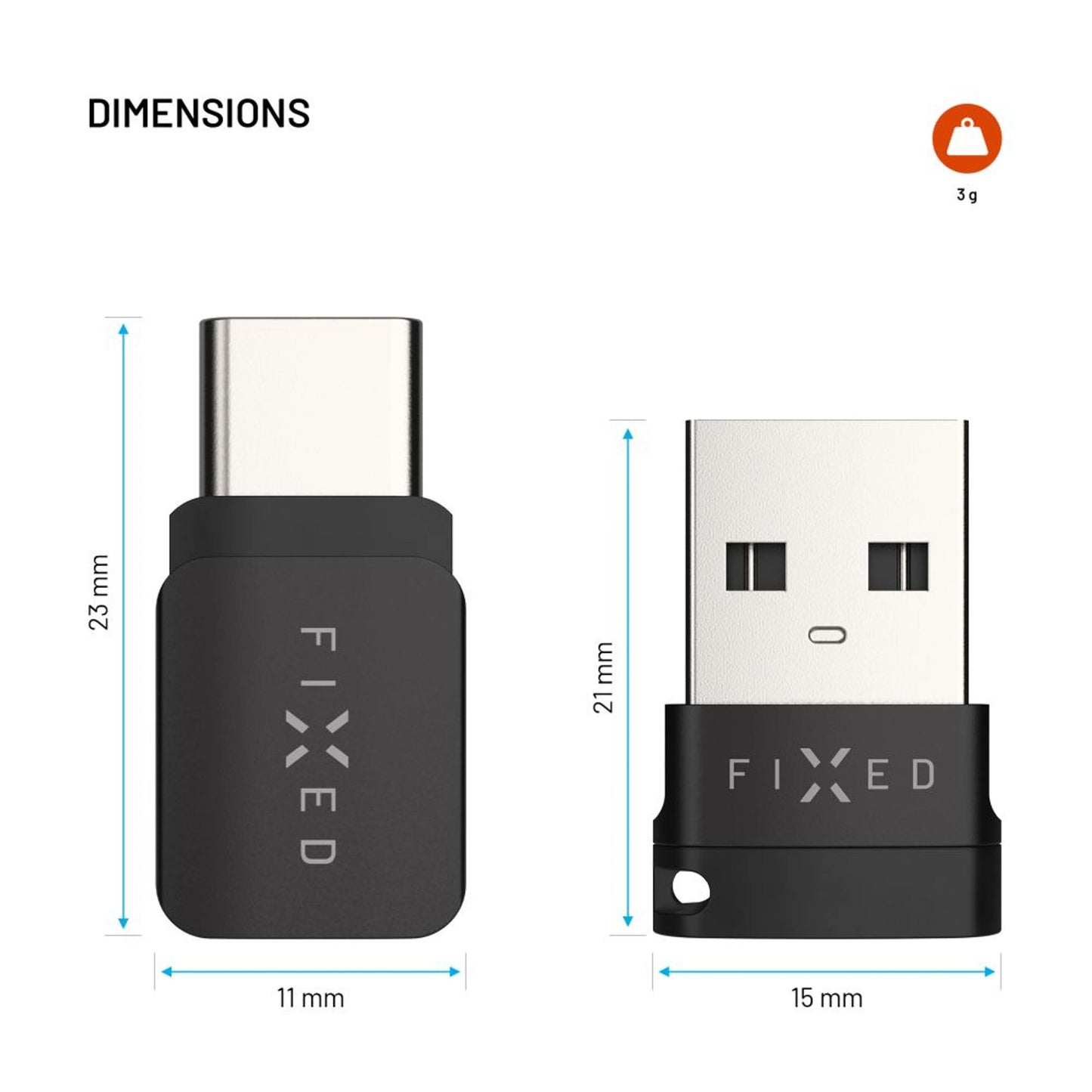 Faste USB-datablokke i sort, USB-A og USB-C, mål 23x11 mm/21x15 mm, vægtikon viser 3 g.