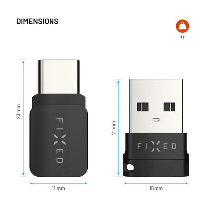 Faste USB-datablokke i sort, USB-A og USB-C, mål 23x11 mm/21x15 mm, vægtikon viser 3 g.