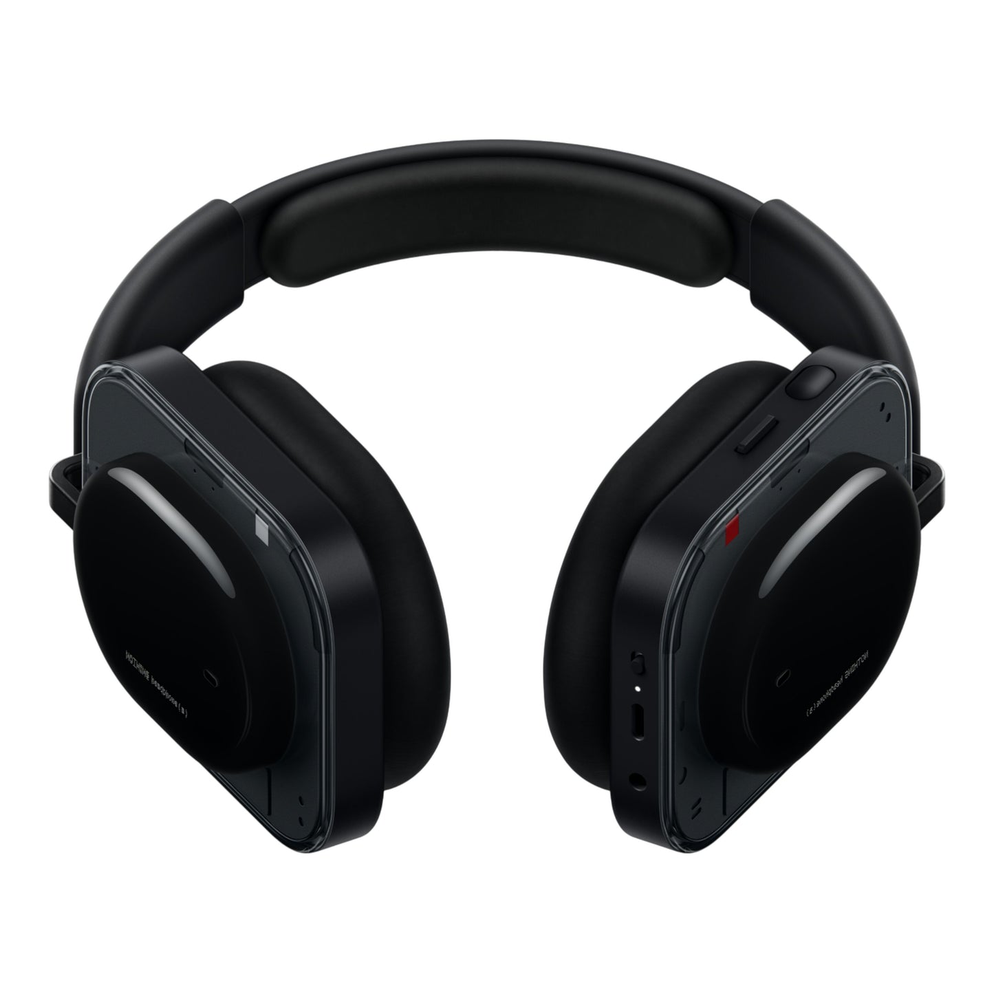 Nothing Headphone (a) trådløse over-ear hovedtelefoner sort, firkantede ørekopper, polstret bøjle, knapper højre side.