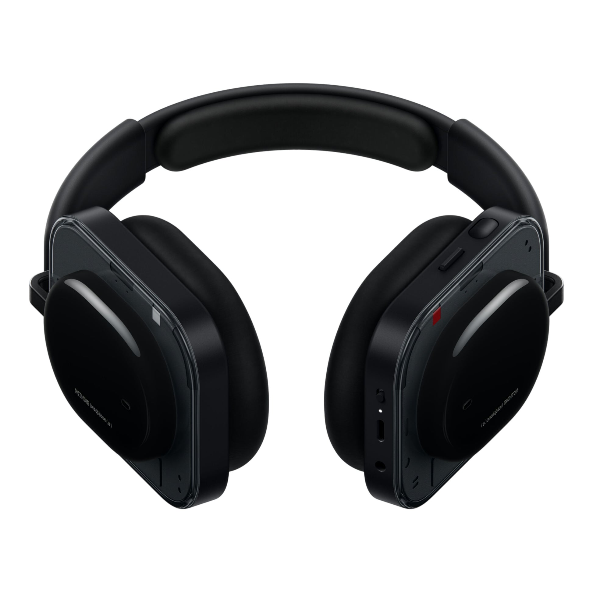 Nothing Headphone (a) trådløse over-ear hovedtelefoner sort, firkantede ørekopper, polstret bøjle, knapper højre side.
