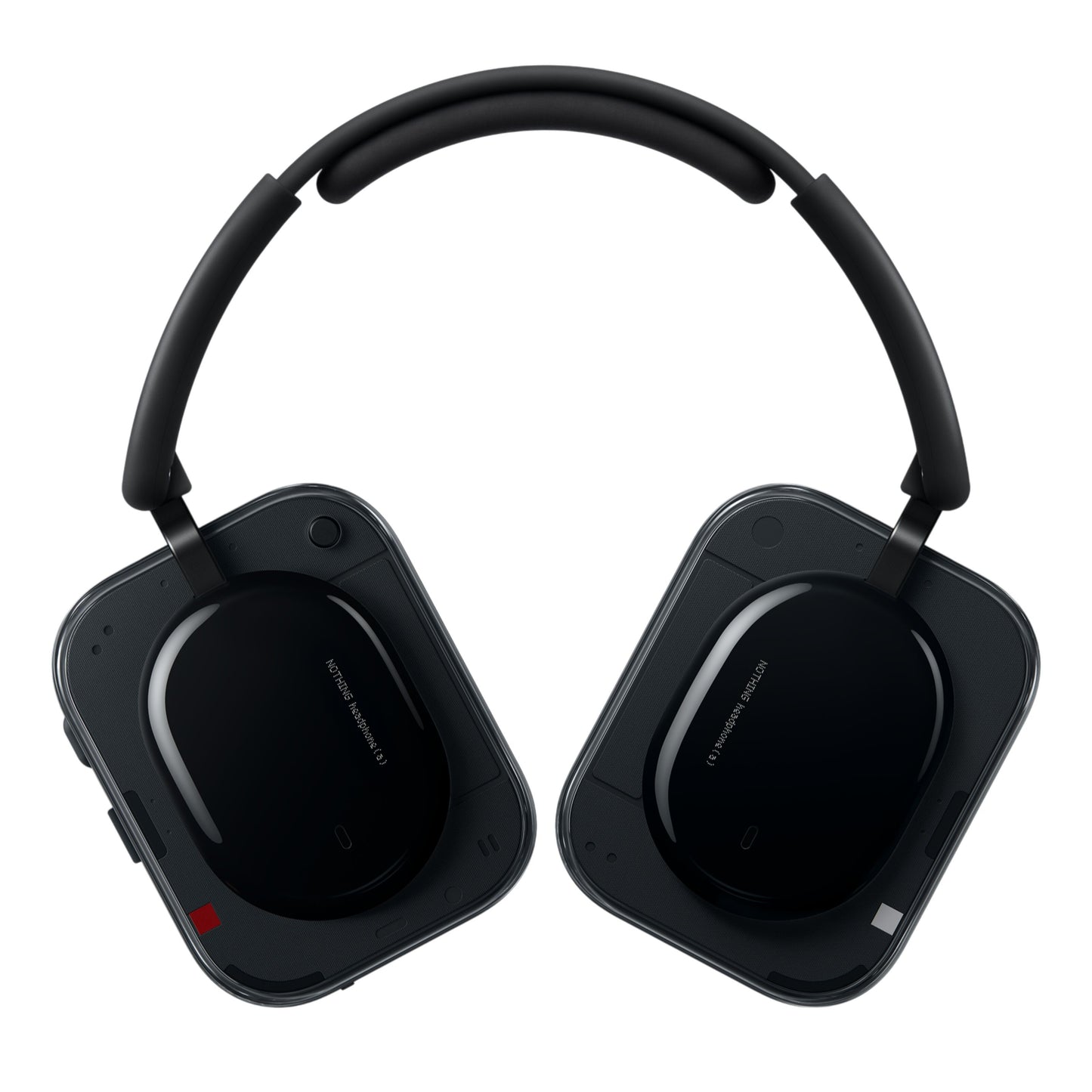 Nothing Headphone (a) trådløse over-ear hovedtelefoner sort med firkantede ørekopper, rød og hvid mærkat, polstret bøjle.