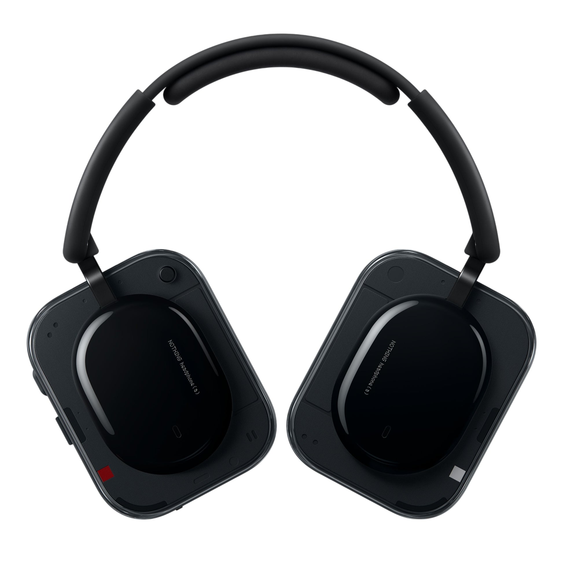 Nothing Headphone (a) trådløse over-ear hovedtelefoner sort med firkantede ørekopper, rød og hvid mærkat, polstret bøjle.