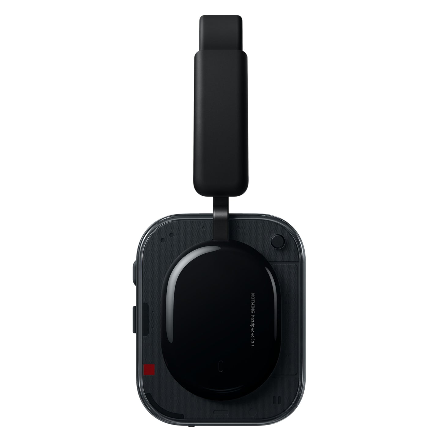Nothing Headphone (a) sort trådløs over-ear hovedtelefon med synlig ørekop, polstret bøjle og aktiv støjreduktion, sideview.