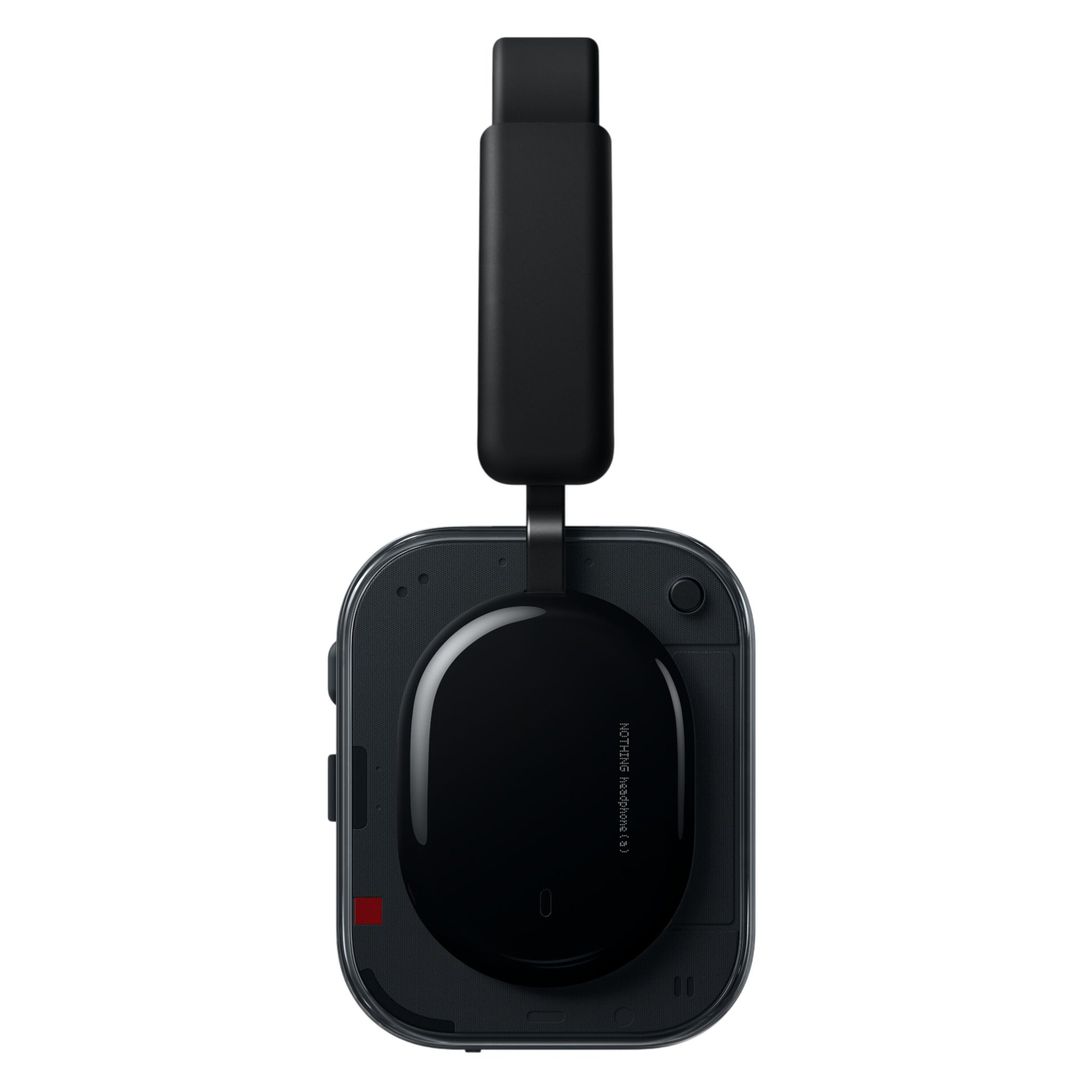 Nothing Headphone (a) sort trådløs over-ear hovedtelefon med synlig ørekop, polstret bøjle og aktiv støjreduktion, sideview.