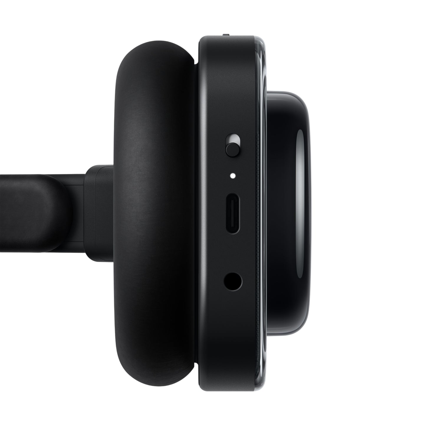 Nothing Headphone (a) trådløse over-ear hovedtelefoner sort, USB-C port, 3,5mm jack, to knapper, polstret kant, sideview.