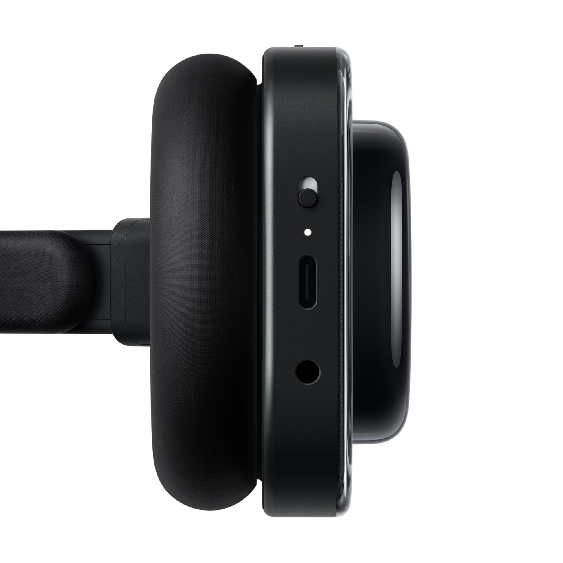 Nothing Headphone (a) trådløse over-ear hovedtelefoner sort, USB-C port, 3,5mm jack, to knapper, polstret kant, sideview.