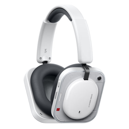 Nothing Headphone (a) trådløse over-ear høretelefoner, hvid med sorte puder, aktiv støjreduktion, står på ene ørekop.