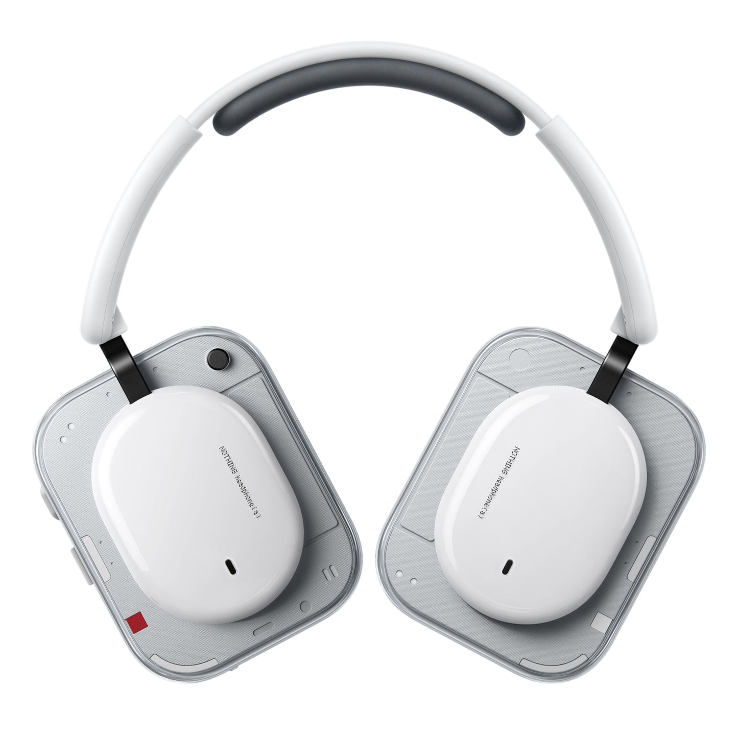 Nothing Headphone (a) trådløse over-ear hovedtelefoner hvid, firkantede ørekopper, gråt hovedbånd, afrundede kanter.