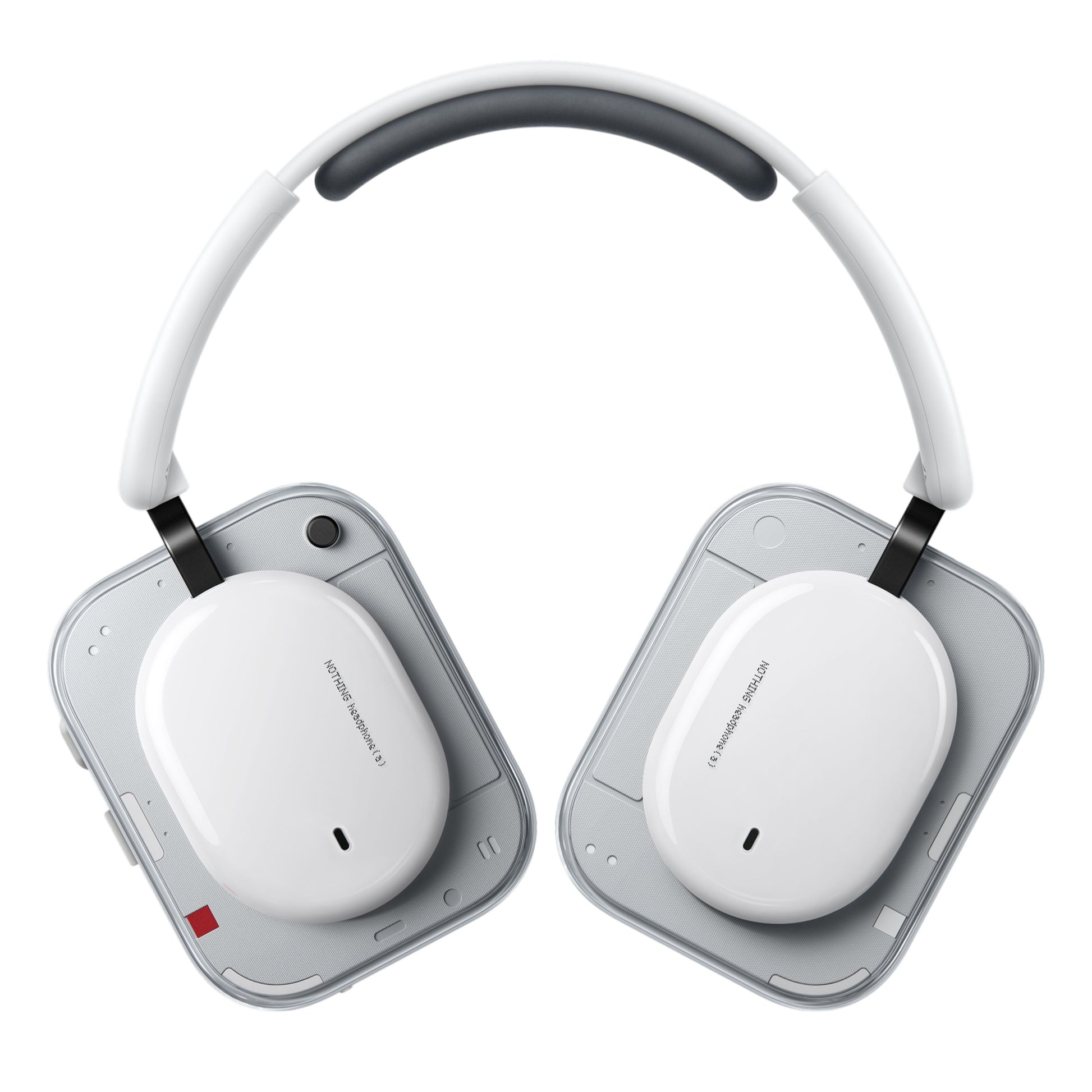 Nothing Headphone (a) trådløse over-ear hovedtelefoner hvid, firkantede ørekopper, gråt hovedbånd, afrundede kanter.