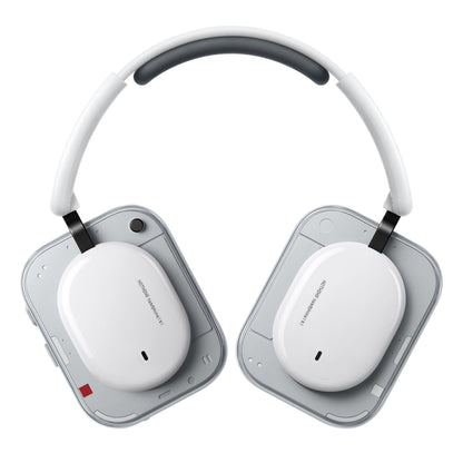 Nothing Headphone (a) trådløse over-ear hovedtelefoner hvid, firkantede ørekopper, gråt hovedbånd, afrundede kanter.