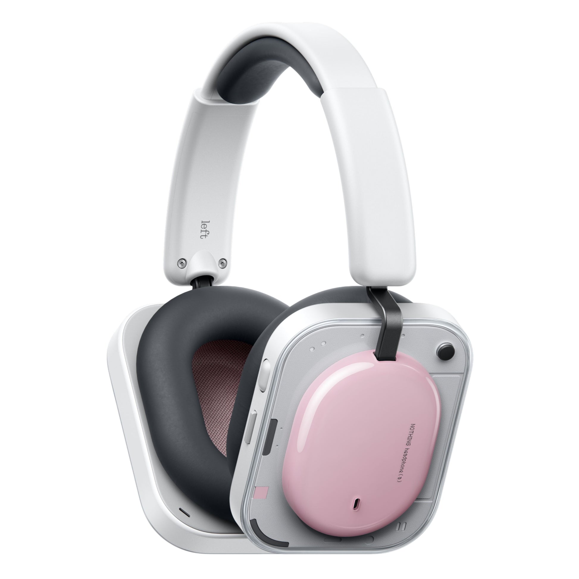 Nothing Headphone (a) trådløse over-ear høretelefoner rosa, hvidt hovedbånd, sorte ørepuder, pink ørekopper, kvadratisk design.