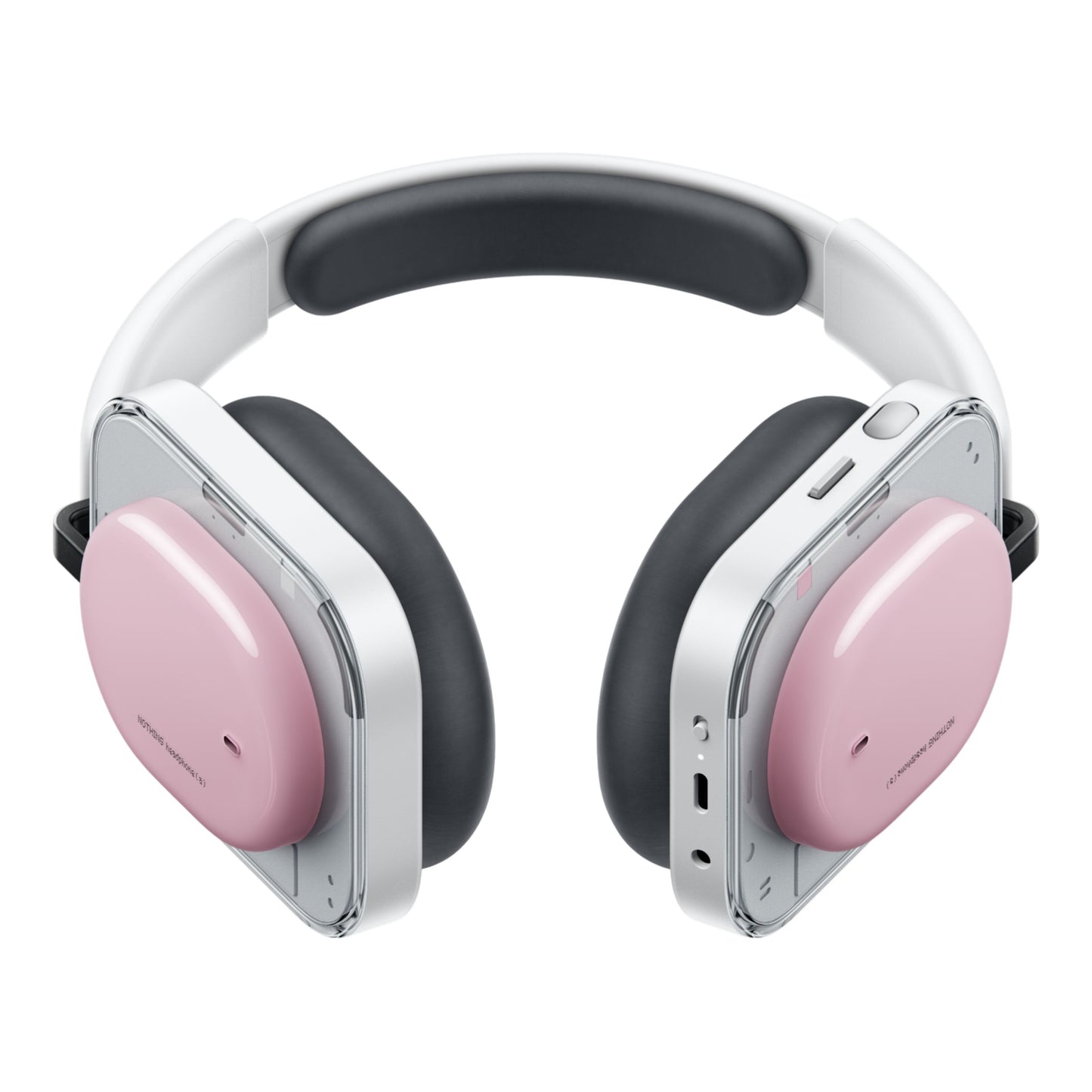 Nothing Headphone (a) trådløse over-ear høretelefoner, pink ørekopper, hvidt/sølv stel, sorte puder, synlige knapper/porte.