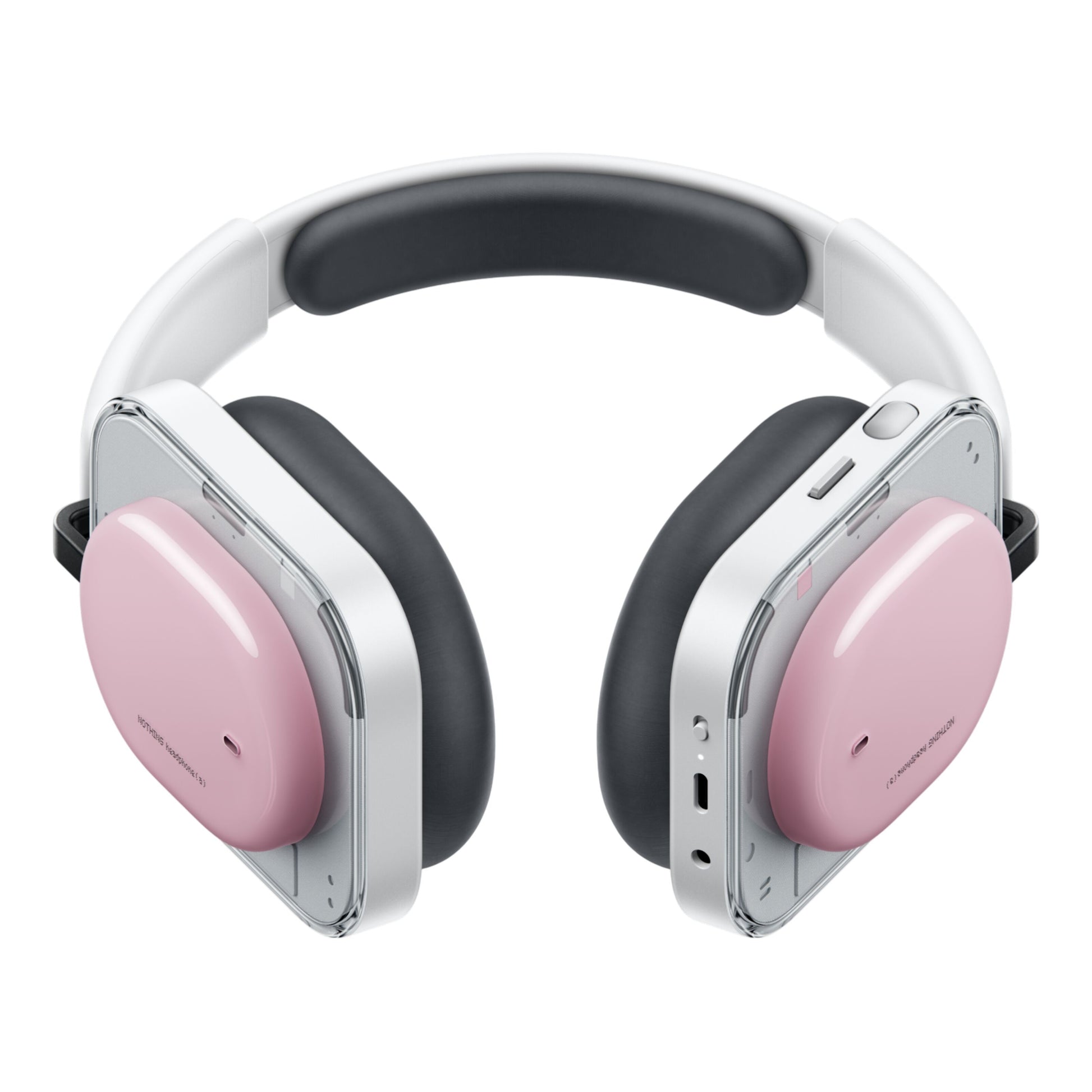 Nothing Headphone (a) trådløse over-ear høretelefoner, pink ørekopper, hvidt/sølv stel, sorte puder, synlige knapper/porte.