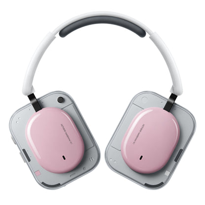 Nothing Headphone (a) trådløse over-ear høretelefoner med hvid bøjle, grå ørekoprammer, blankrosa puder, aktiv støjreduktion.