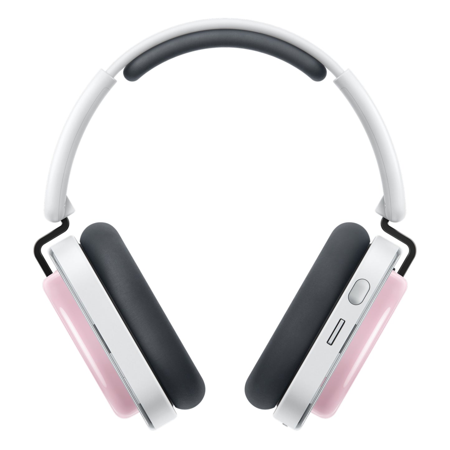 Nothing Headphone (a) trådløse over-ear hovedtelefoner, hvid bøjle, sorte ørepuder og pink ydre ørekopper.