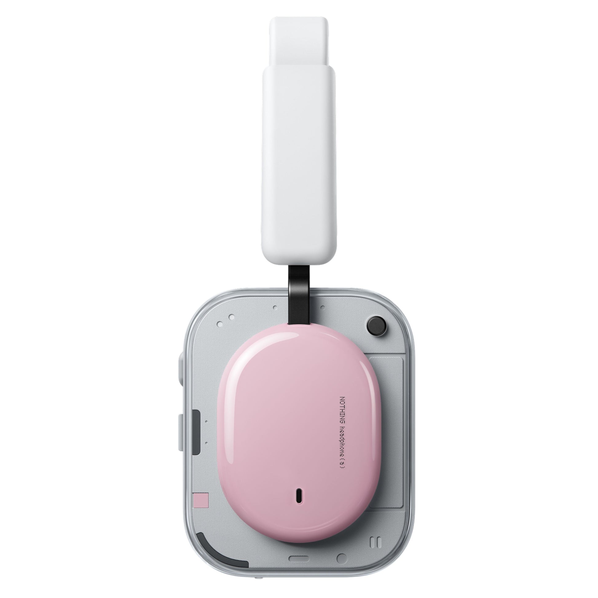 Nothing Headphone (a) trådløse over-ear høretelefoner, rosa, hvidt greb på grå base med blankt pink ovalt låg.