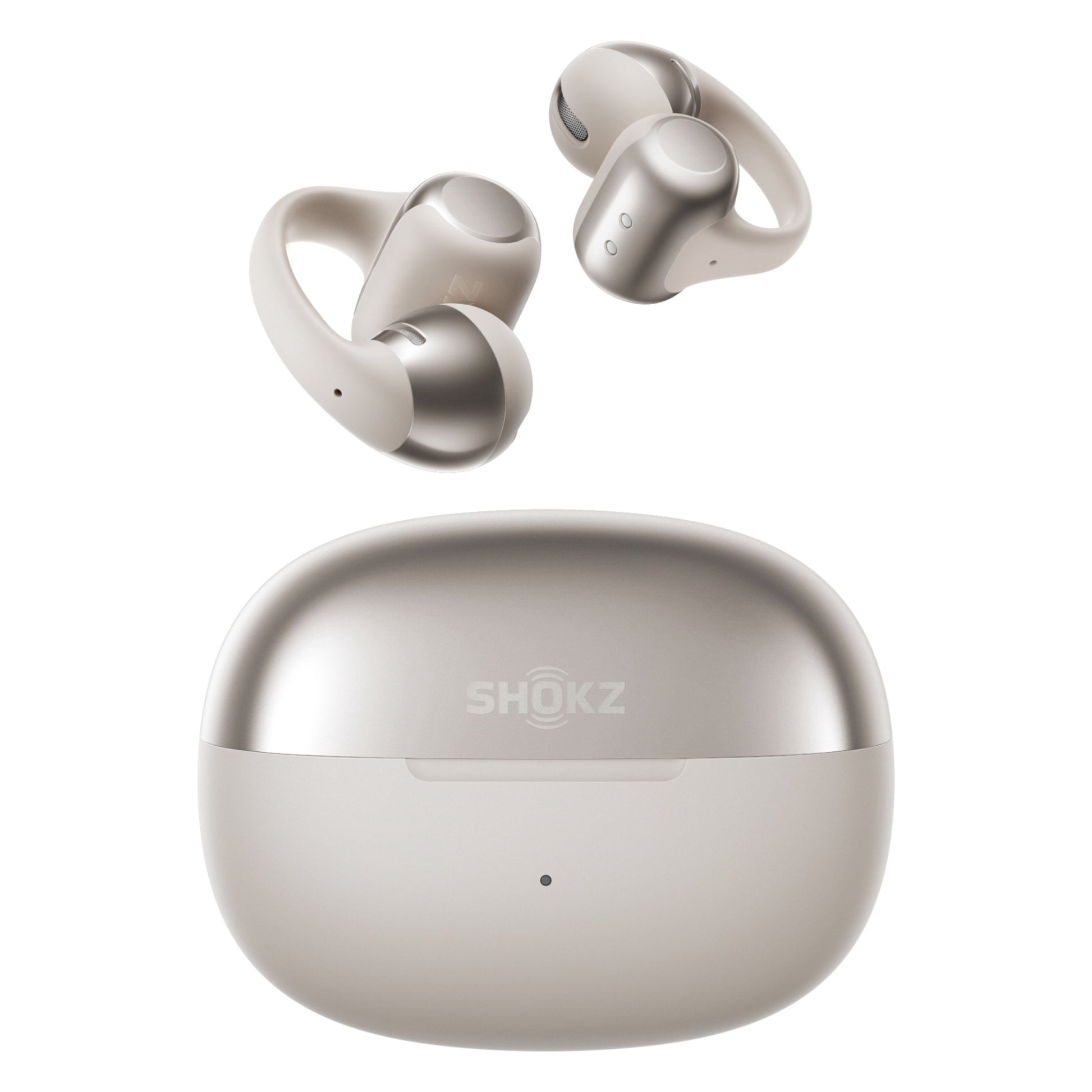 Shokz OpenDots One grå trådløse åbne clip-on-hovedtelefoner over ovalt opladningsetui med SHOKZ-logo.