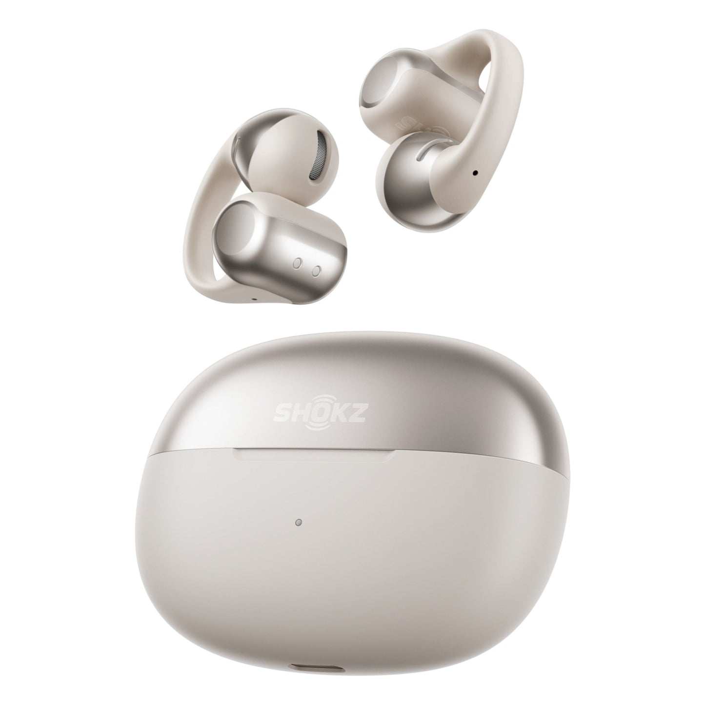 Shokz OpenDots One trådløse åbne clip-on-hovedtelefoner med ørekroge og metallic gråt opladningsetui med Shokz-logo.