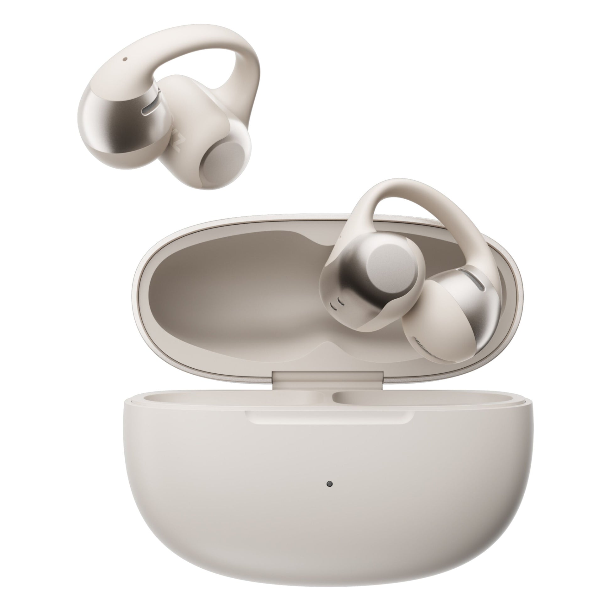 Shokz OpenDots One grå trådløse åbne clip-on hovedtelefoner over åben oval opladningsetui.