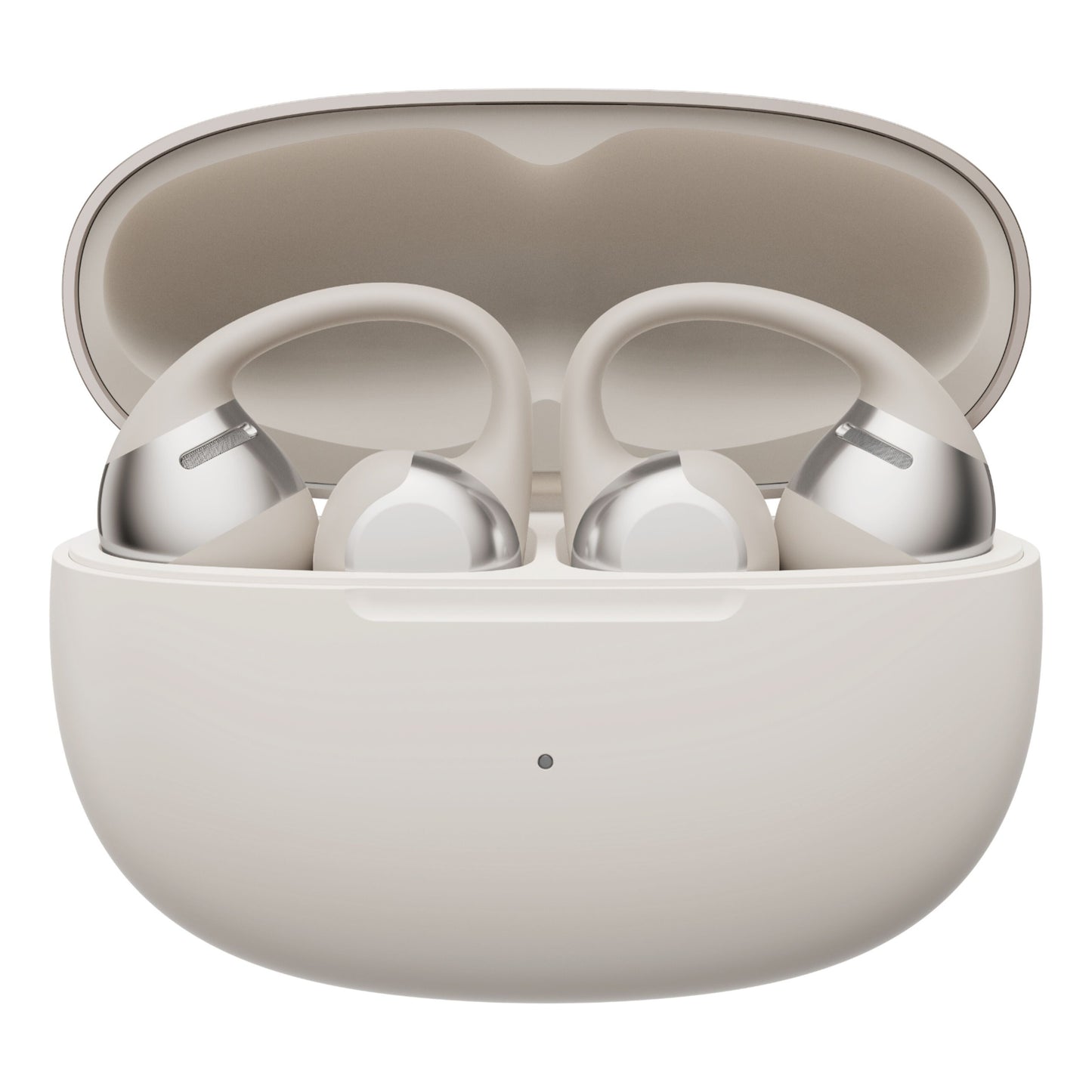 Shokz OpenDots One trådløse åbne clip-on-hovedtelefoner med ørekroge i gråt opladningsetui.