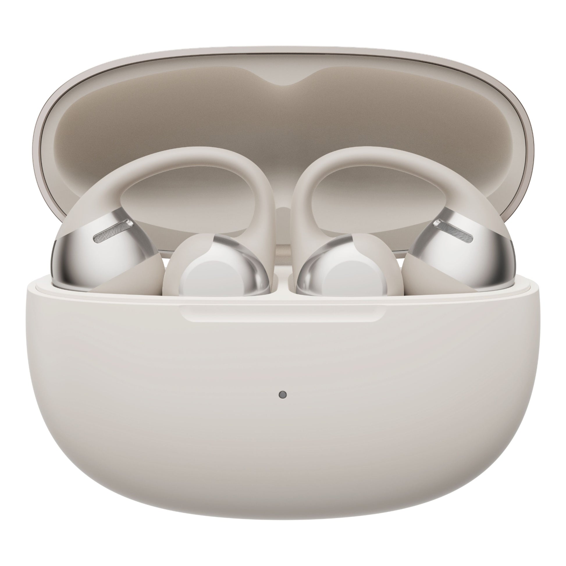 Shokz OpenDots One trådløse åbne clip-on-hovedtelefoner med ørekroge i gråt opladningsetui.