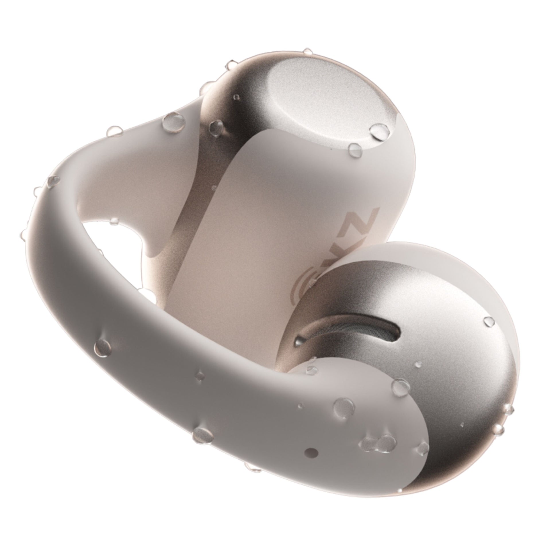 Shokz OpenDots One trådløs åben grå clip-on-hovedtelefon med vanddråber, modelnavn synligt, vandafvisende design.