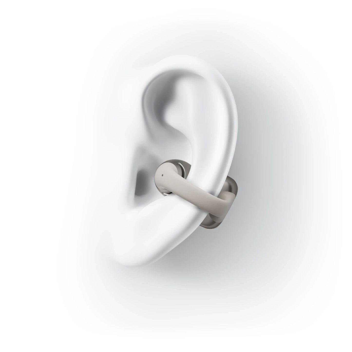 Shokz OpenDots One grå trådløse åbne clip-on-hovedtelefoner vist på 3D-model af øre.