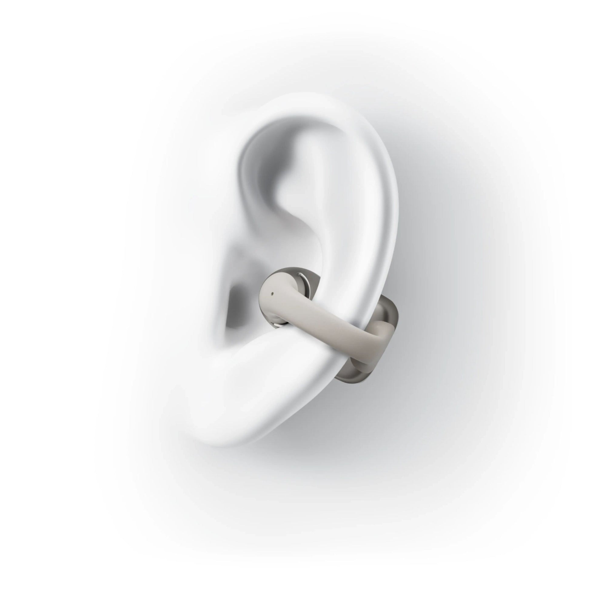 Shokz OpenDots One grå trådløse åbne clip-on-hovedtelefoner vist på 3D-model af øre.