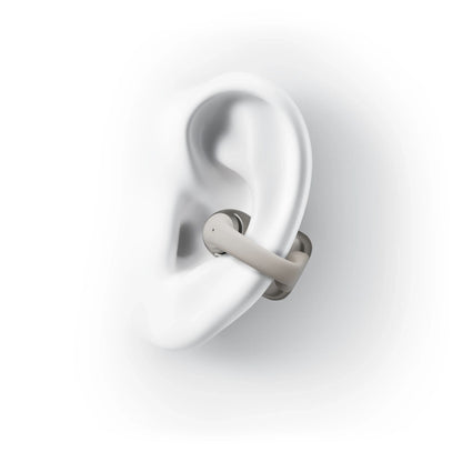 Shokz OpenDots One grå trådløse åbne clip-on-hovedtelefoner vist på 3D-model af øre.
