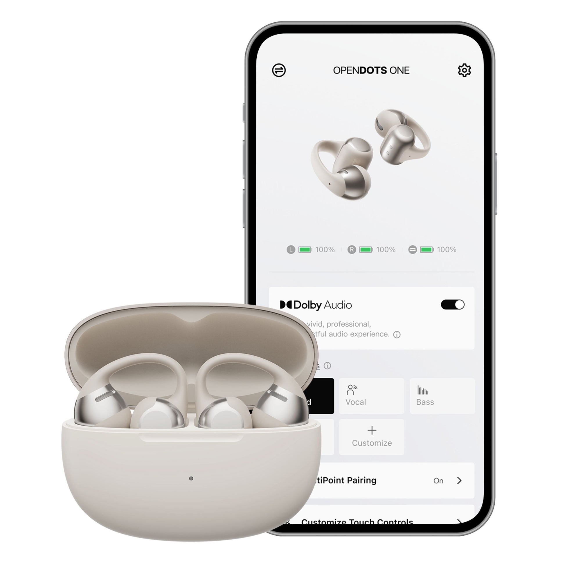 Shokz OpenDots One trådløse åbne clip-on-hovedtelefoner i åben opladningsetui med smartphone lyd-app.