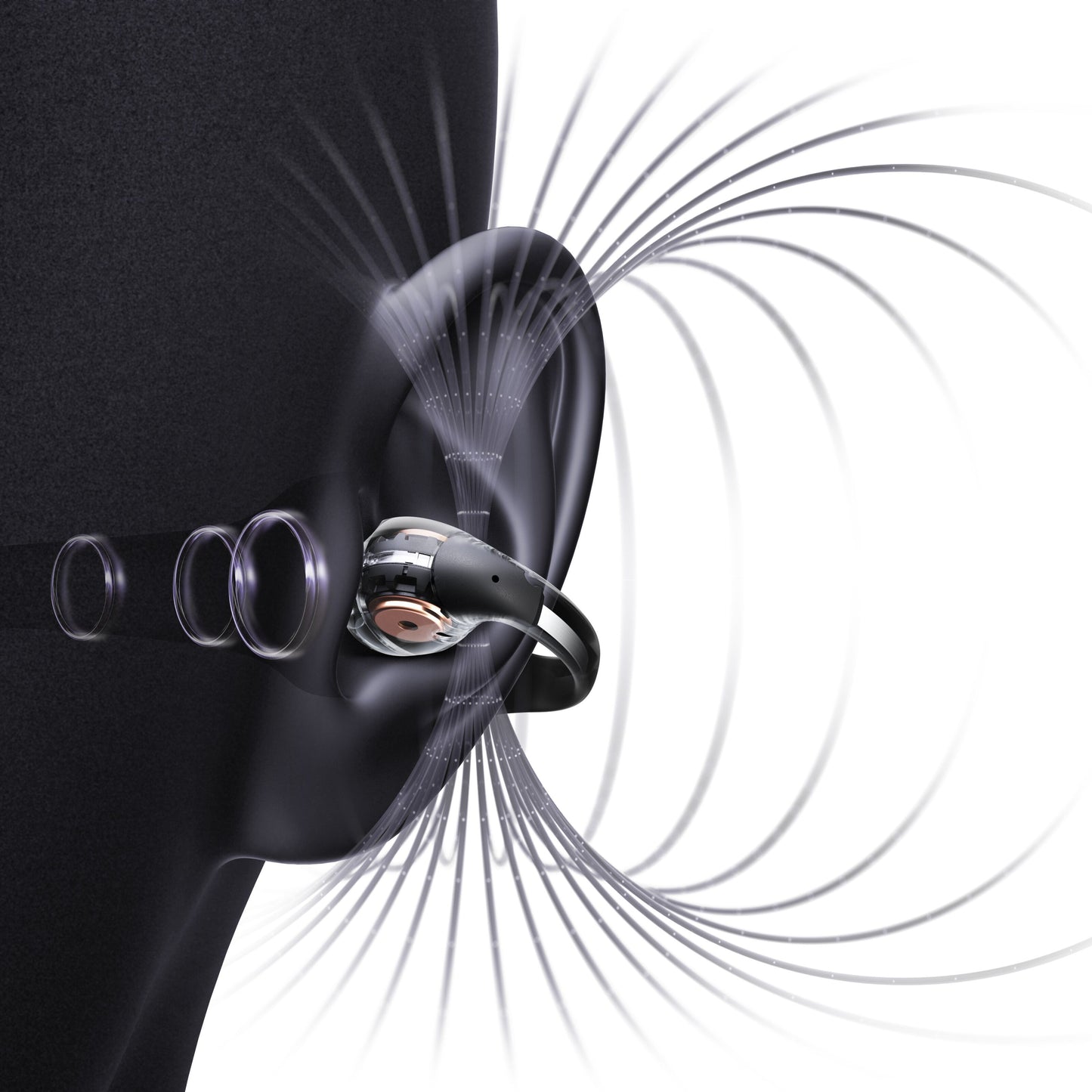 Shokz OpenDots One grå trådløse åbne clip-on-hovedtelefoner på øre, illustrerede lydbølger viser lydteknologi.