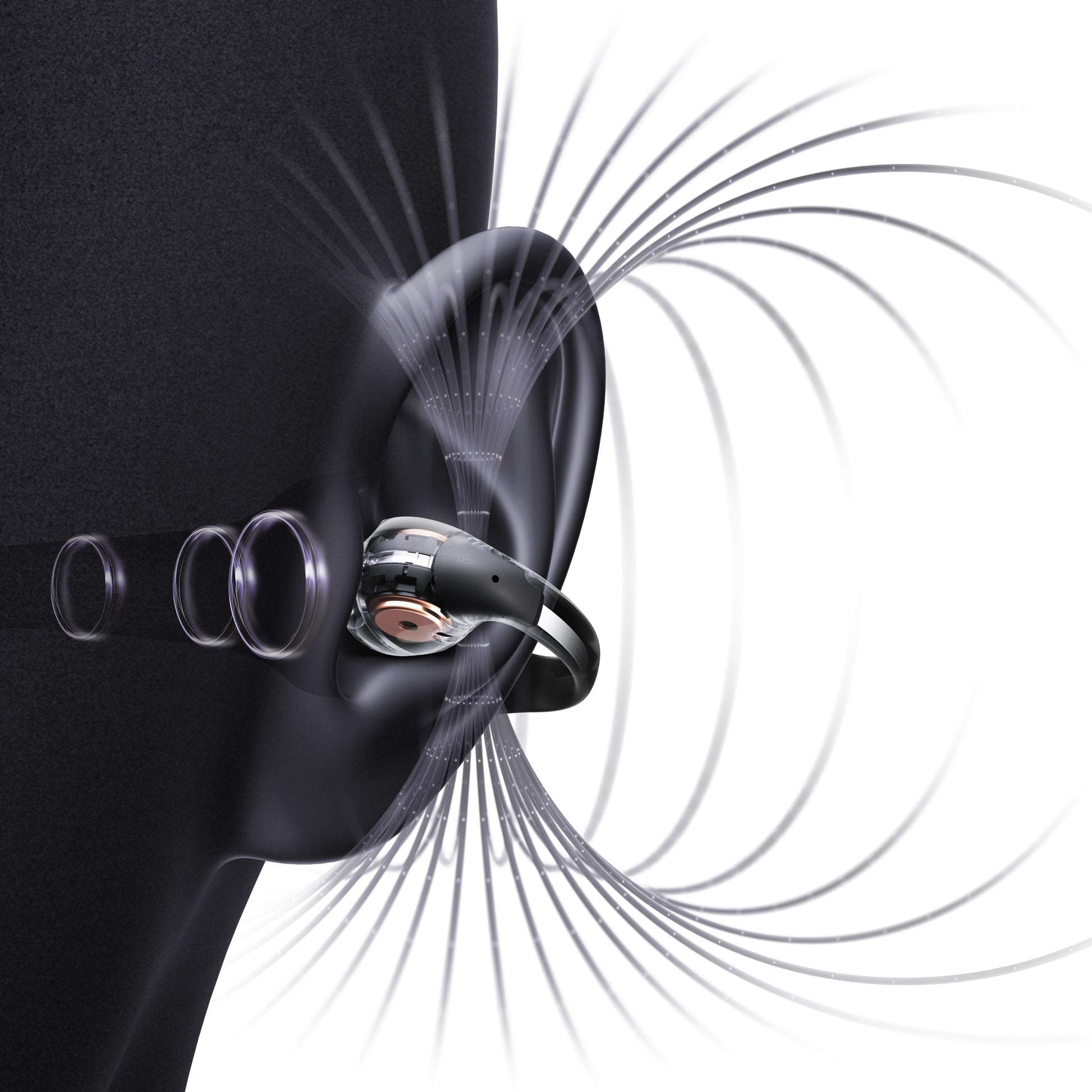 Shokz OpenDots One grå trådløse åbne clip-on-hovedtelefoner på øre, illustrerede lydbølger viser lydteknologi.
