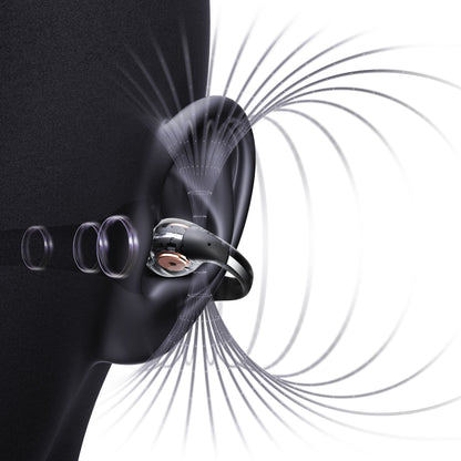 Shokz OpenDots One grå trådløse åbne clip-on-hovedtelefoner på øre, illustrerede lydbølger viser lydteknologi.