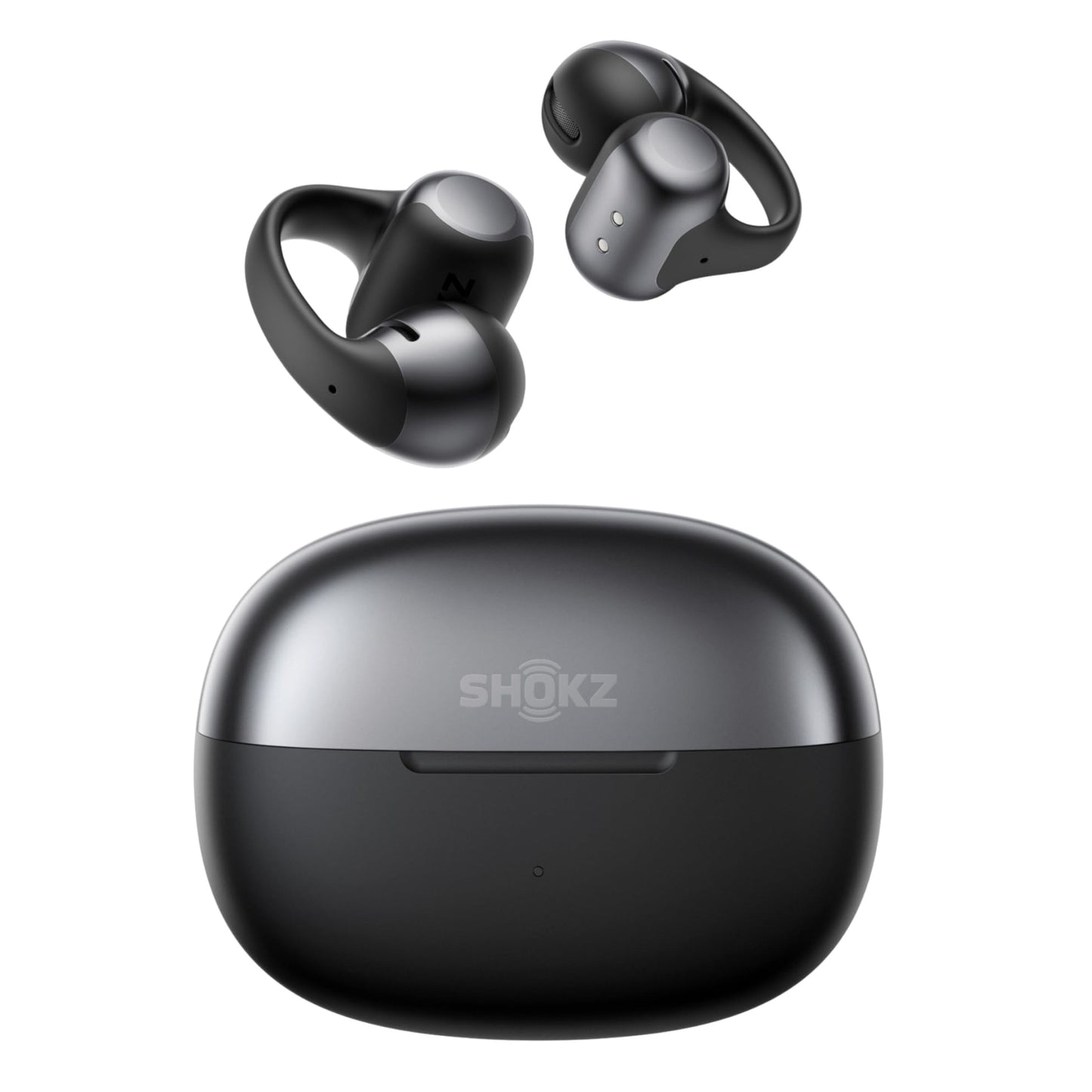 Shokz OpenDots One sorte trådløse åbne clip-on høretelefoner med ørekroge og matchende ladeetui.
