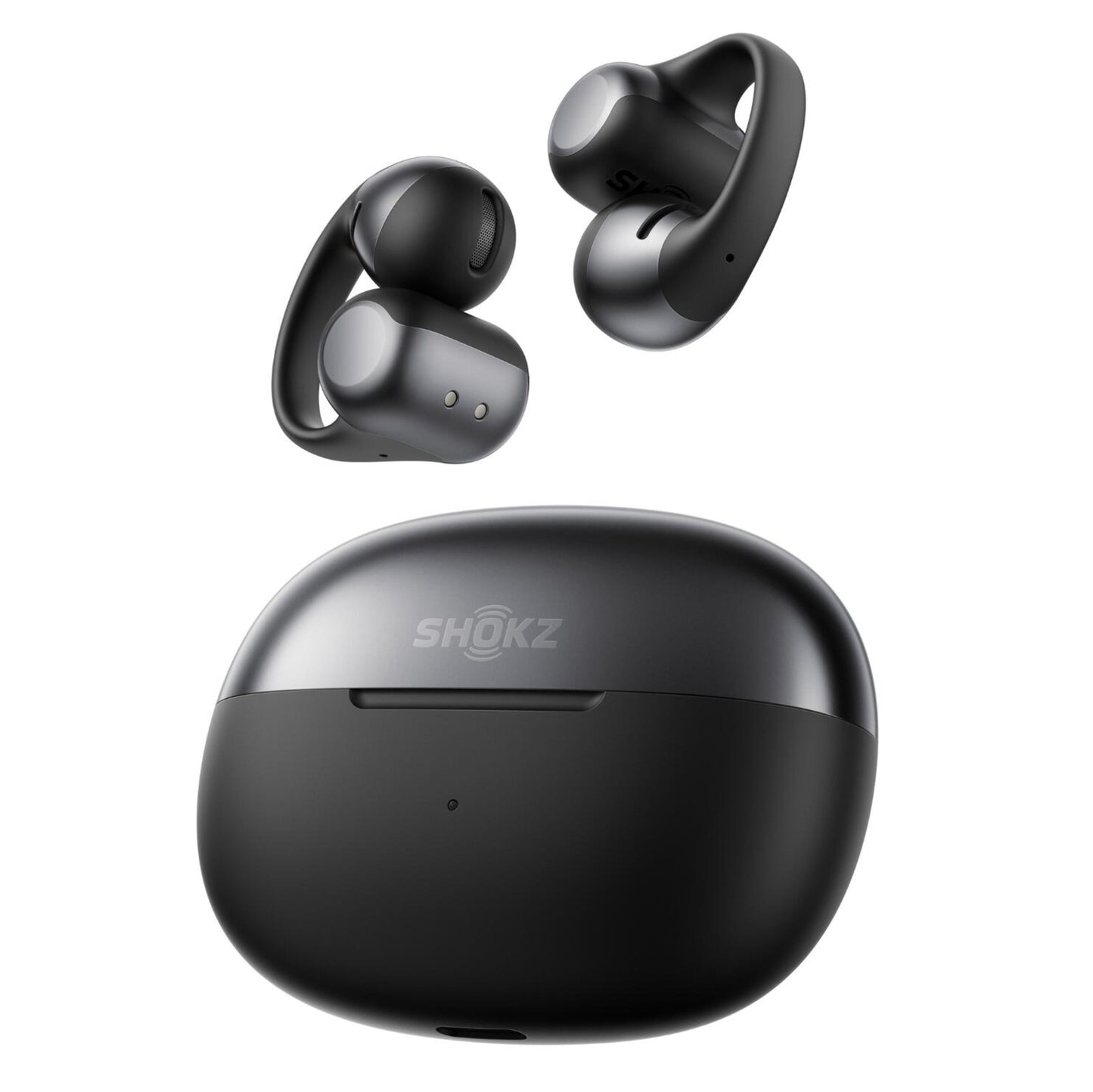 Shokz OpenDots One trådløse åbne clip-on høretelefoner i sort med matchende opladningsetui.