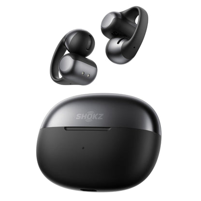 Shokz OpenDots One trådløse åbne clip-on høretelefoner i sort med matchende opladningsetui.