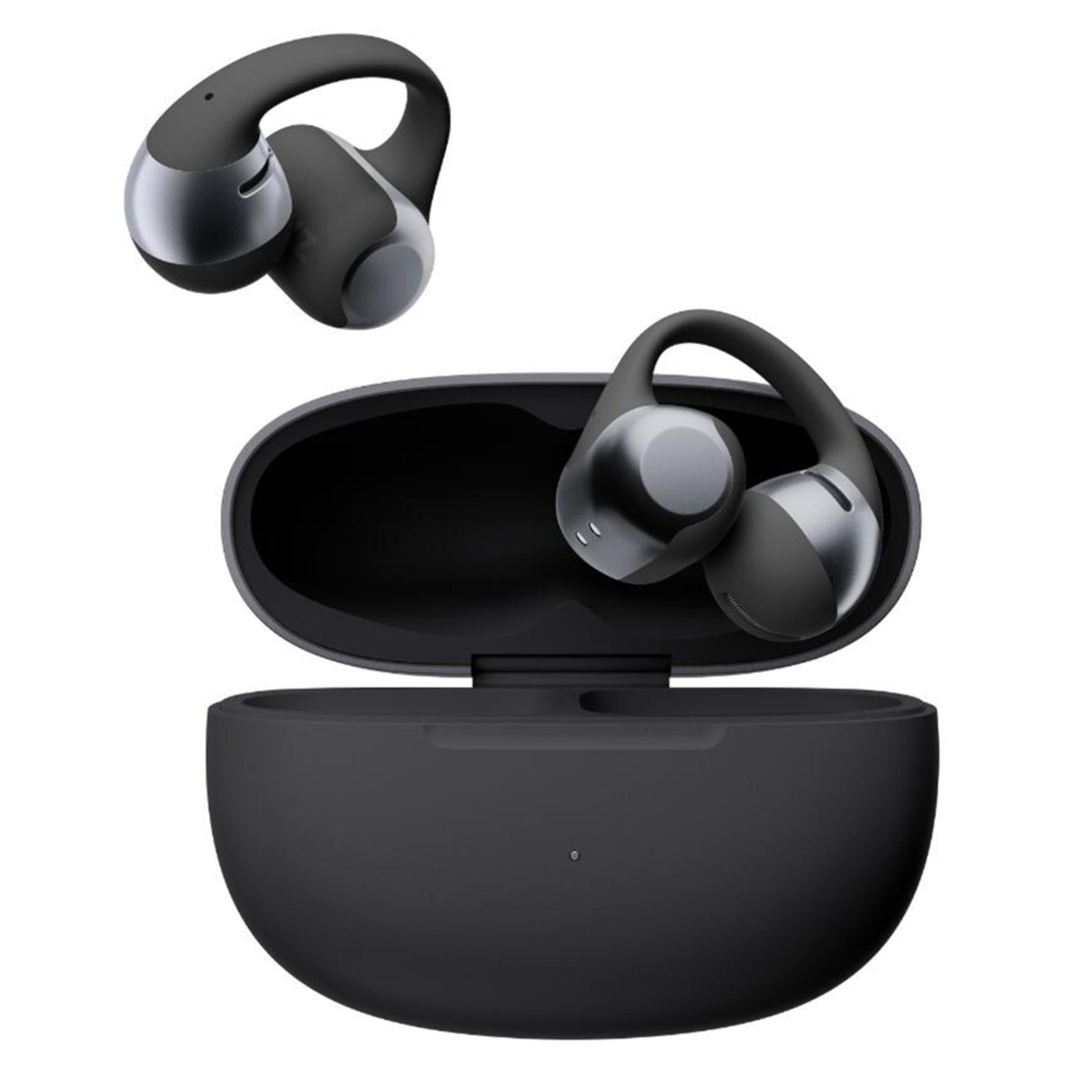 Shokz OpenDots One trådløse åbne clip-on høretelefoner sort, én med ørekrog, én i åben afrundet sort opladeetui.
