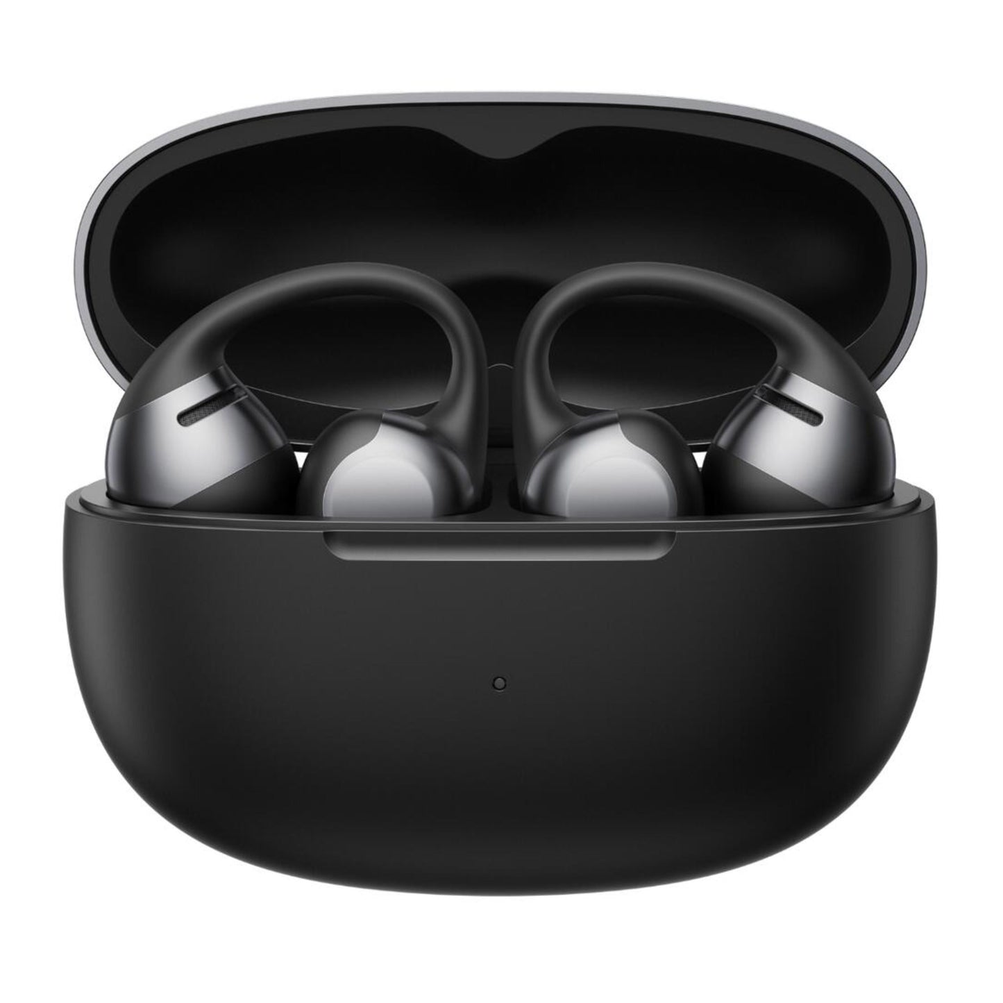 Shokz OpenDots One trådløse åbne clip-on høretelefoner sort med ørekroge i åbent sort opladningsetui.