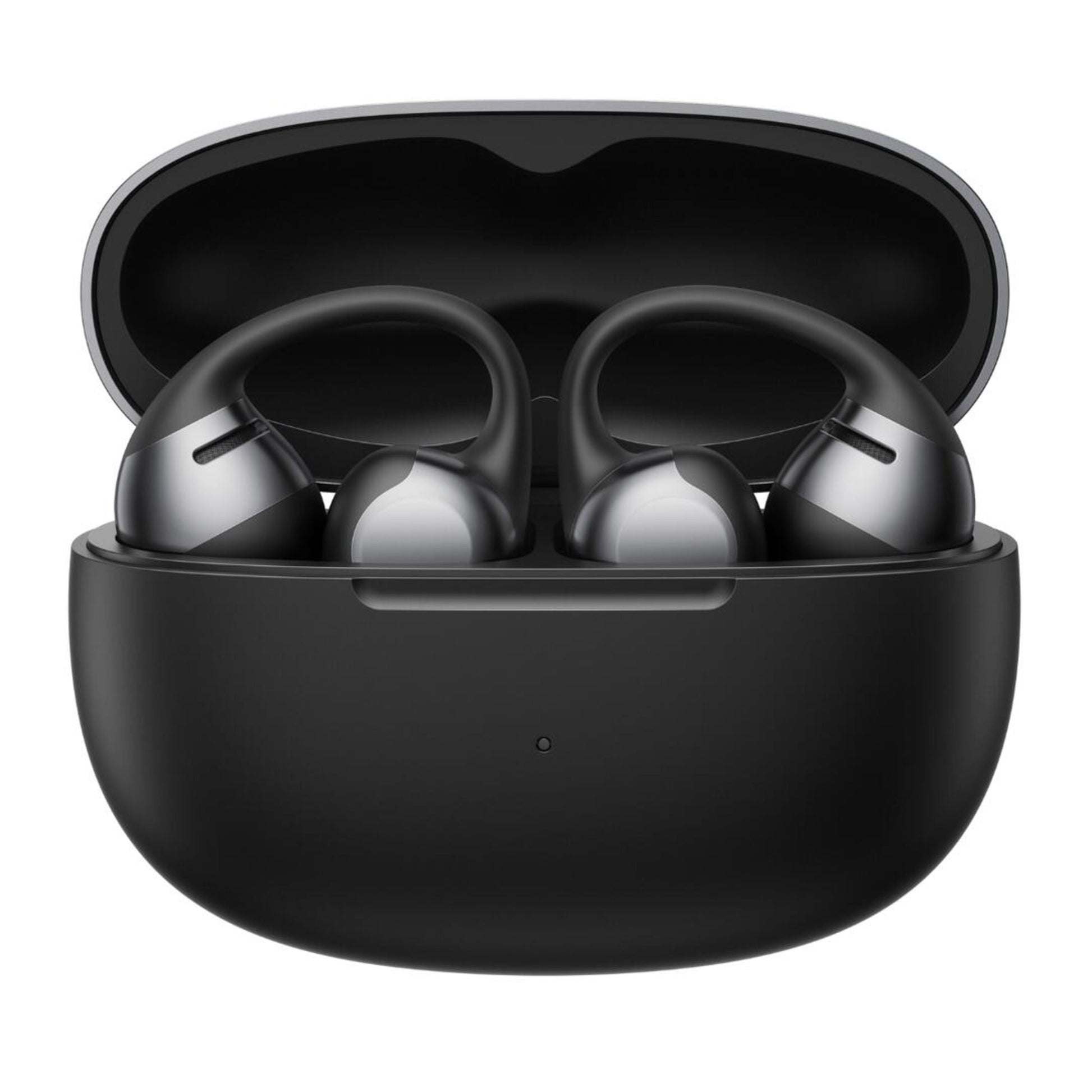 Shokz OpenDots One trådløse åbne clip-on høretelefoner sort med ørekroge i åbent sort opladningsetui.