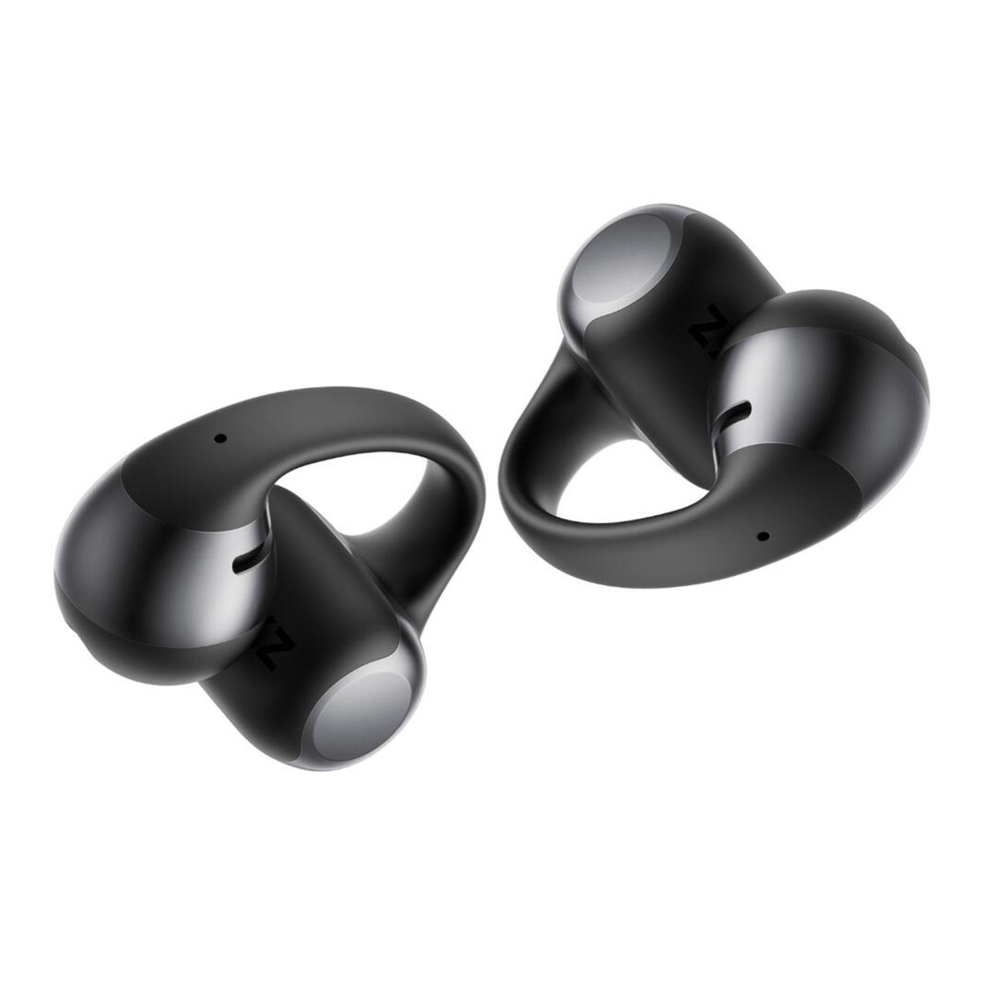 Shokz OpenDots One trådløse clip-on hovedtelefoner i sort med sølvfarvede cirkulære detaljer og flot design.