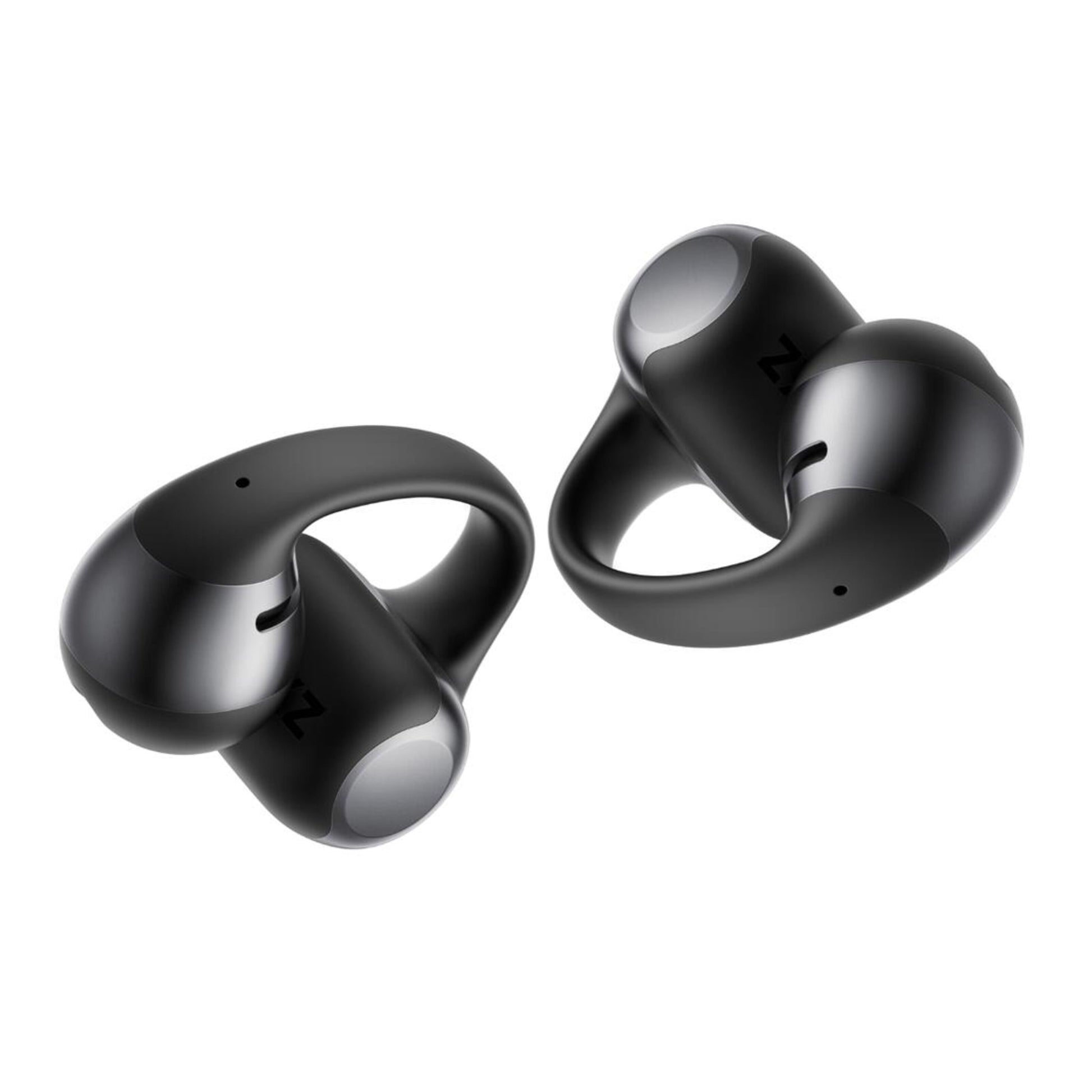 Shokz OpenDots One trådløse clip-on hovedtelefoner i sort med sølvfarvede cirkulære detaljer og flot design.