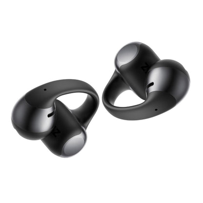 Shokz OpenDots One trådløse clip-on hovedtelefoner i sort med sølvfarvede cirkulære detaljer og flot design.