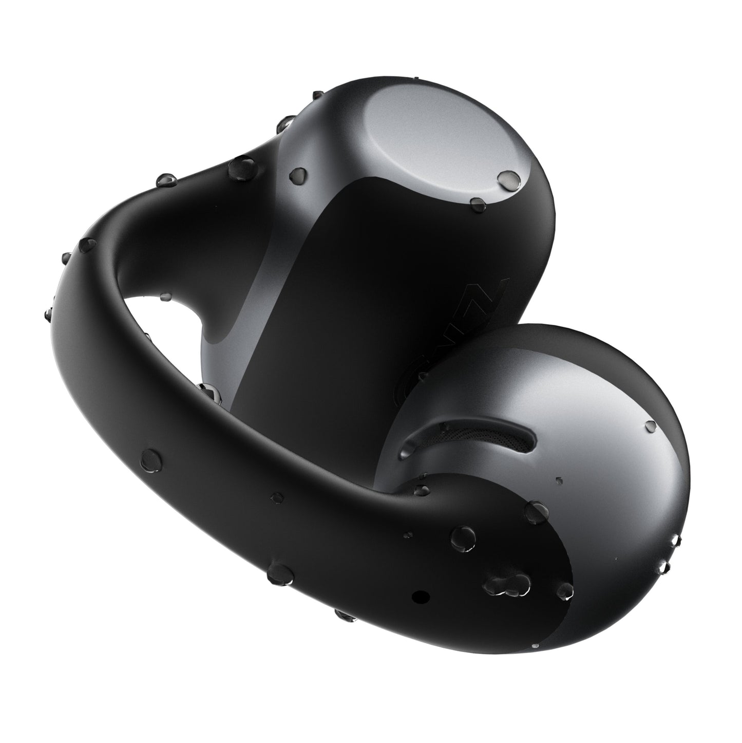 Shokz OpenDots One sorte trådløse åbne clip-on høretelefoner med vanddråber, viser vandafvisende design.