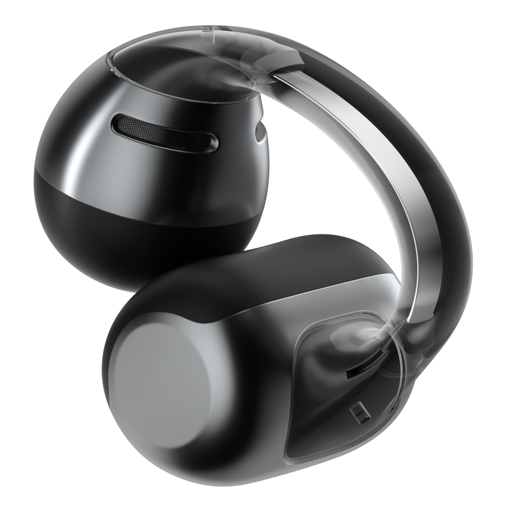 Shokz OpenDots One sort, trådløse åbne clip-on ørepropper med flot design og delvist gennemsigtigt ydre, der viser indmad.