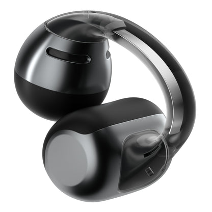Shokz OpenDots One sort, trådløse åbne clip-on ørepropper med flot design og delvist gennemsigtigt ydre, der viser indmad.