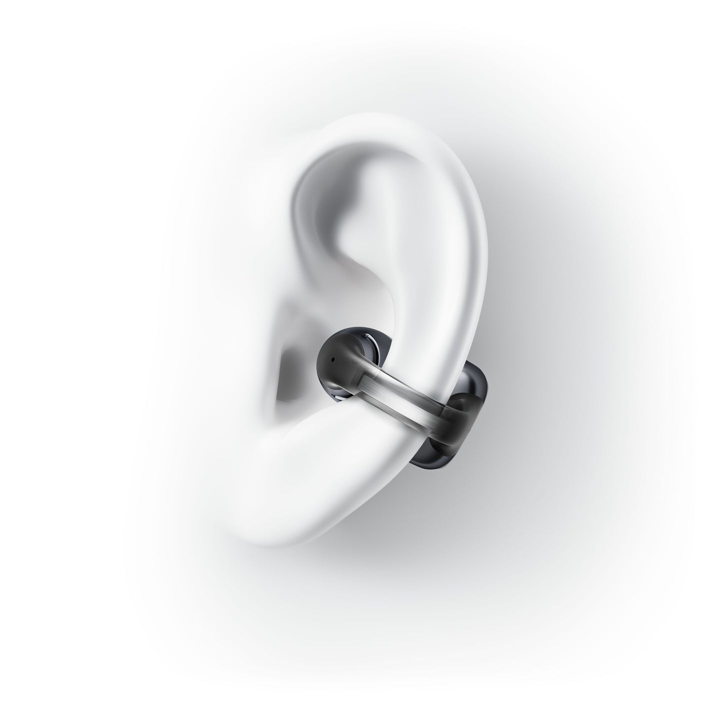 Shokz OpenDots One trådløse åbne clip-on høretelefoner sort vises klemt fast på yderkanten af et øre.