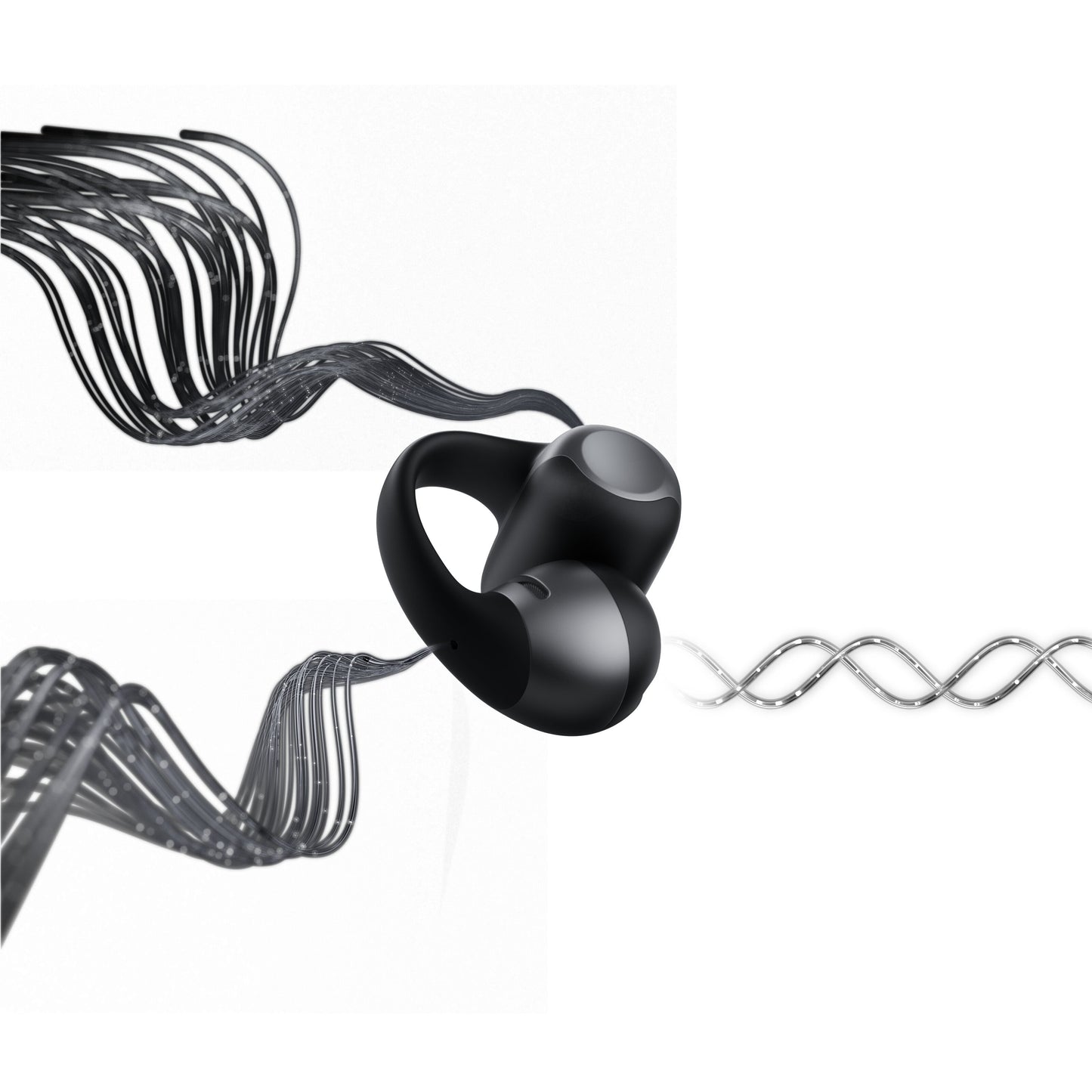 Shokz OpenDots One trådløse åbne clip-on høretelefoner sort set med bølgende metalliske mønstre omkring.