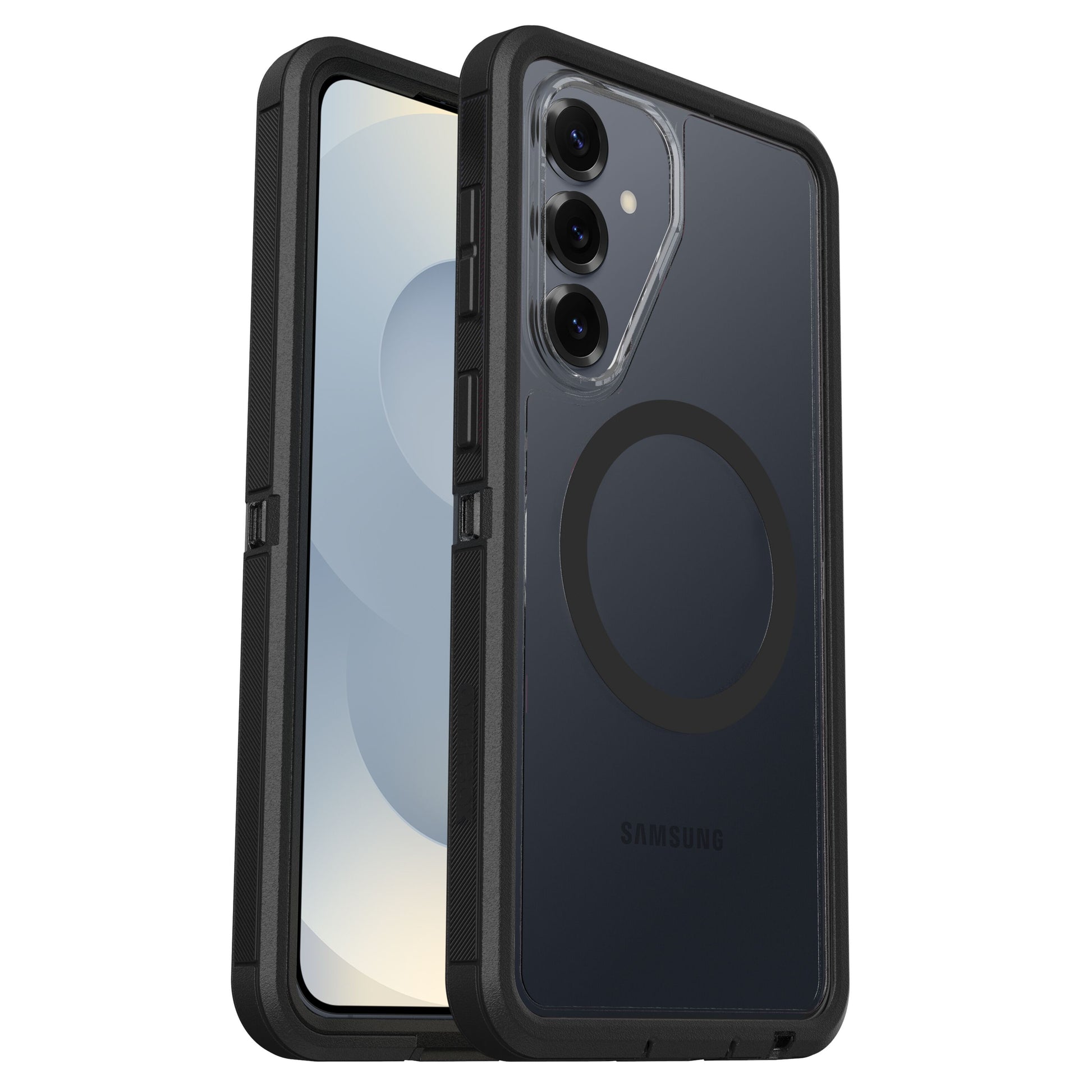 Samsung Galaxy S26+ med Defender Pro XT Clear-cover sort/gennemsigtig, gennemsigtig sektion, cirkulært MagSafe-lignende design.