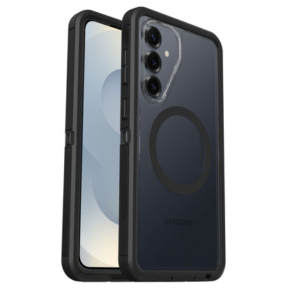 Samsung Galaxy S26+ med Defender Pro XT Clear-cover sort/gennemsigtig, gennemsigtig sektion, cirkulært MagSafe-lignende design.